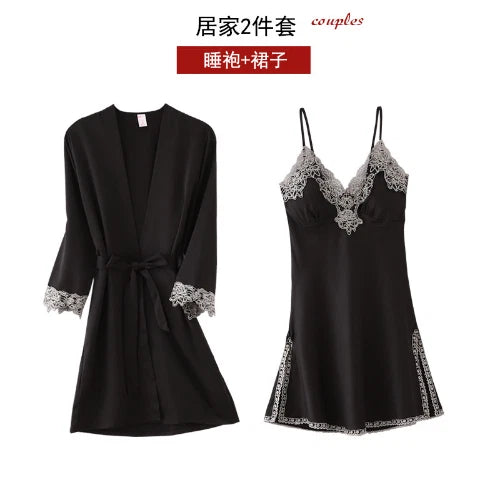 5PC Ice Silk Robe Sleep Suit Women Lace Satin Pajamas Gown Set V-Neck Nightwear