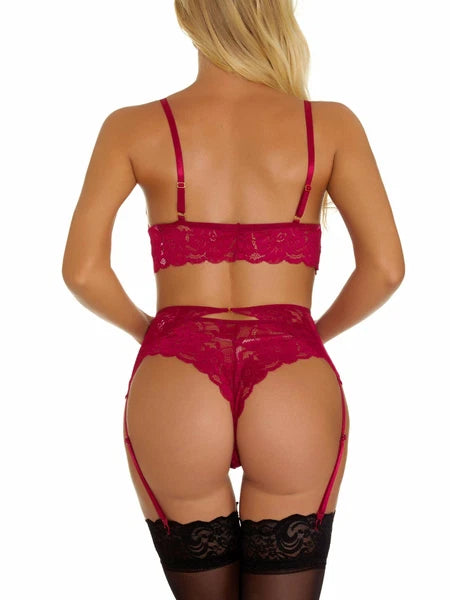 Women Sexy Lingerie Set with Garter Belt Floral Lace Bra and Panty Set Nightwear