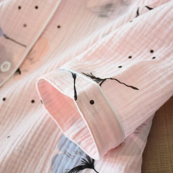 Japanese Women 100% Gauze Cotton Pajamas Set Long Sleeve Sleepwear Nightwear New