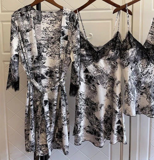 Women Satin Pajamas Suit V-Neck Kimono Robe Set with Cheast Pads Nightwear Sexy