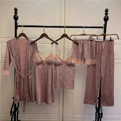 Women Satin Pajamas Suit V-Neck Kimono Robe Set with Cheast Pads Nightwear Sexy