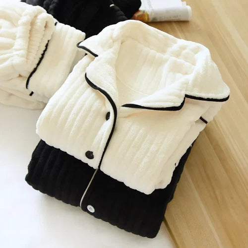 Warm Coral Fleece Pajamas Women Flannel Couple  Lapel Home Men's Sleepwear Suit