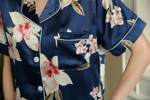Women's Satin Pyjamas Set Short Sleeve Button-Down Sleepwear Silk PJS Loungewear