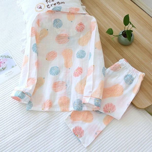 Women Pajamas Set 100% Cotton Printed Sleepwear Casual Nightwear Gauze Home Wear