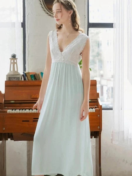 Cotton Summer Sleeveless V-Neck Backless Lace Fairy Princess Nightdress Fairy