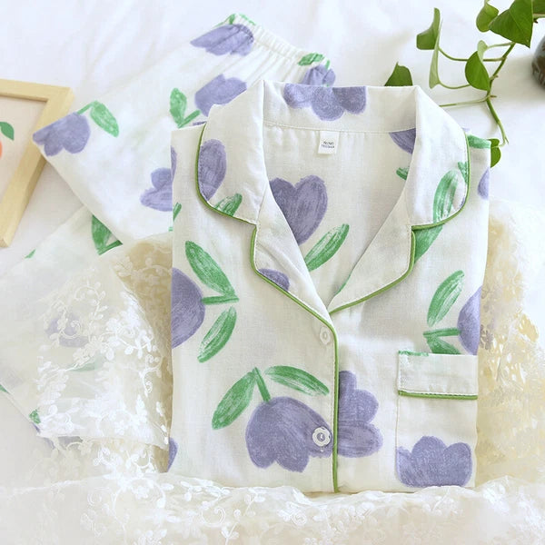 Women Pajamas Set 100% Cotton Printed Sleepwear Casual Nightwear Gauze Home Wear