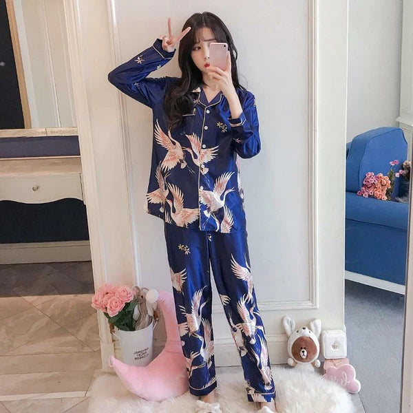 Women's Long Sleeve Silk Pajama Set Button-Down Sleepwear Print Loungewear Plus