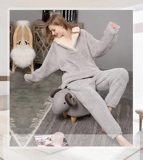 Winter Warm Velvet Purple Pajama Set  Flannel Home Sleepwear Plush Nightwear