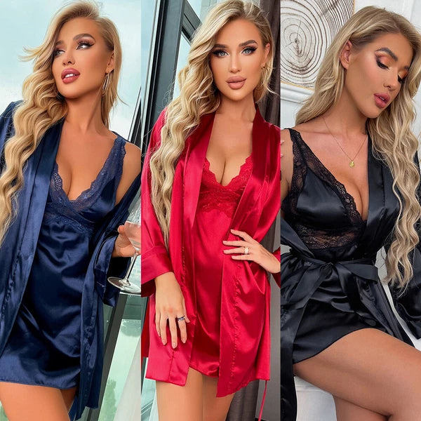 Womens Short Silk Robe with Nightdress Set Sexy Mini Babydoll Sleepwear Lingerie
