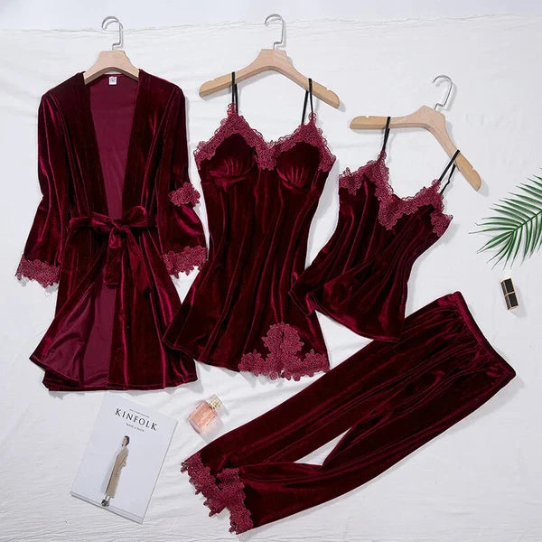 Velour Home Clothing 4pcs Sleep Set Intimate Lingerie Women Pajamas Long Sleeve