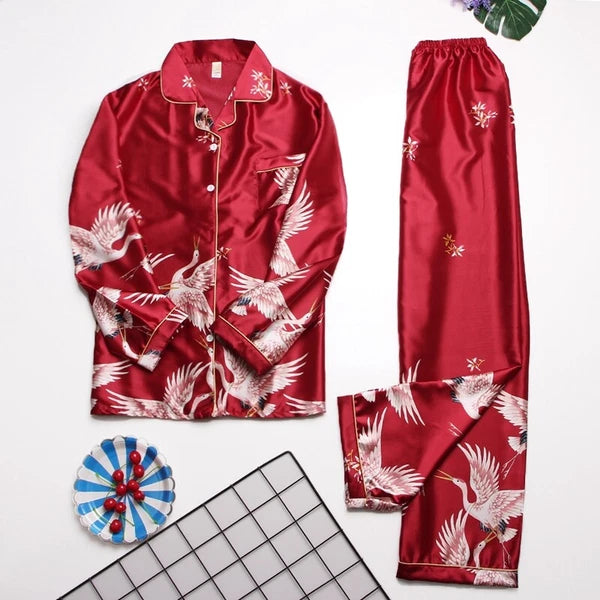 Women's Long Sleeve Silk Pajama Set Button-Down Sleepwear Print Loungewear Plus