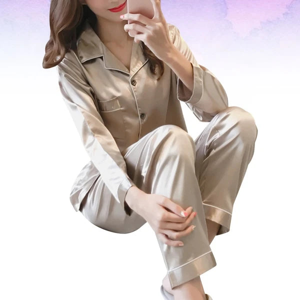 1 Set Female Nightclothes Trousers Simulated Silk Pajamas Set Fresh Long Sleeve