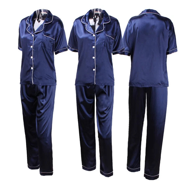 Women's Satin Pyjamas Set Short Sleeve Button-Down Sleepwear Silk PJS Loungewear