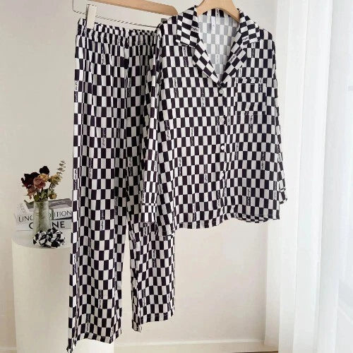 Sleepwear Two-Piece Set Elegant Print Plaid LongSleeve PijamasSuit Spring Summer