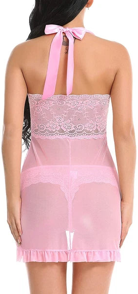 Sexy Women Lingerie Pink Lace Dress G-string Underwear Babydoll Sleepwear Gift