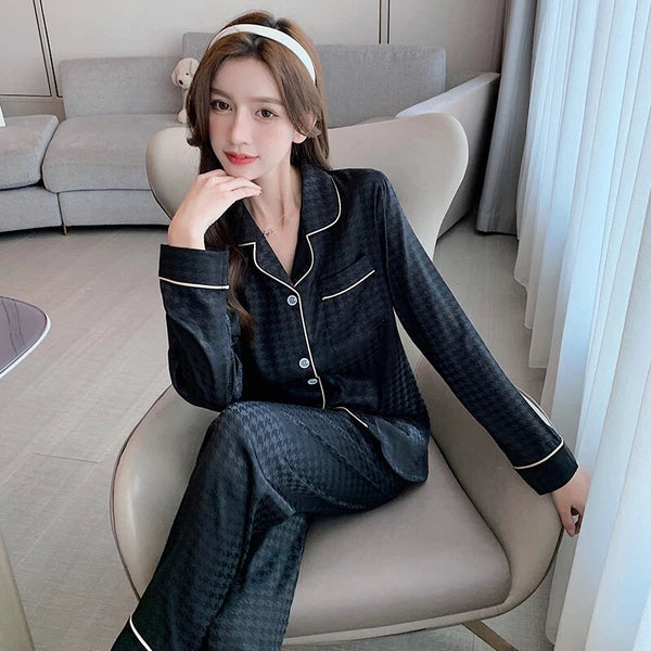 Women's Long Sleeve Silk Pajama Set Button-Down Sleepwear Print Loungewear Plus