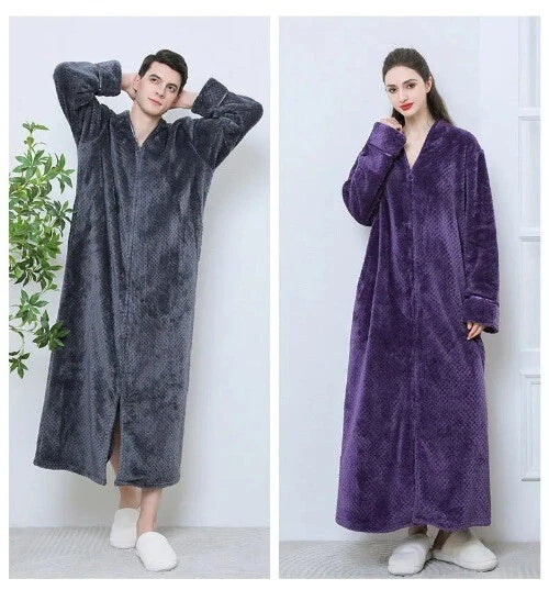 New Zipper Nightgown Flannel Nightgown Autumn Sleepwear Solid Color  Bathrobe