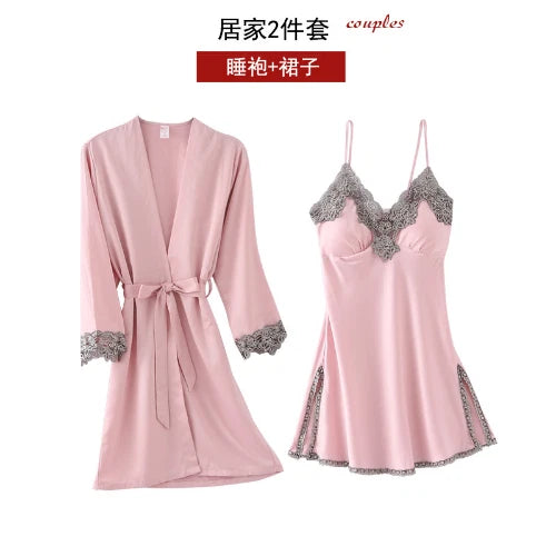 5PC Ice Silk Robe Sleep Suit Women Lace Satin Pajamas Gown Set V-Neck Nightwear