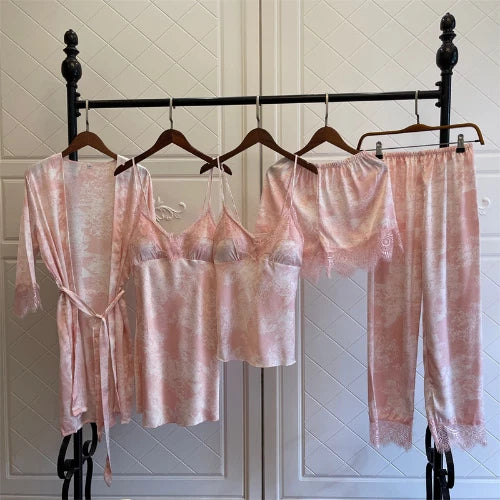 Women Satin Pajamas Suit V-Neck Kimono Robe Set with Cheast Pads Nightwear Sexy