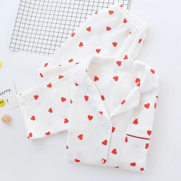 Japanese Women 100% Gauze Cotton Pajamas Set Long Sleeve Sleepwear Nightwear New