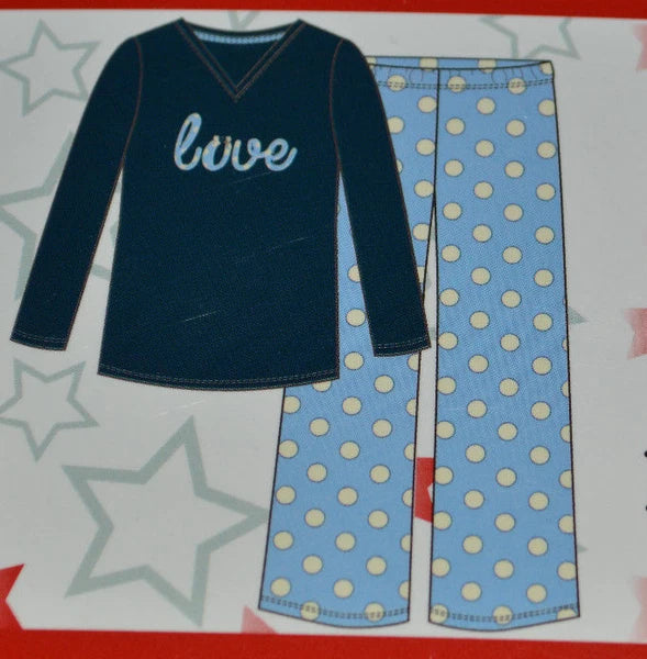 Women's Love Blue Polka Dot 2 Piece Plush Pajama Sleep Set Sizes M, L, XL, 2XL
