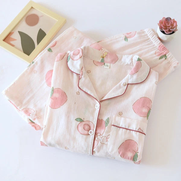 Women Pajamas Set 100% Cotton Printed Sleepwear Casual Nightwear Gauze Home Wear