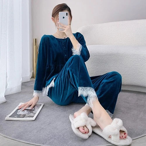 Velvet Pajamas Suit V-Neck 2PCS Set Women Lace Sleepwear Button-down Nightwear