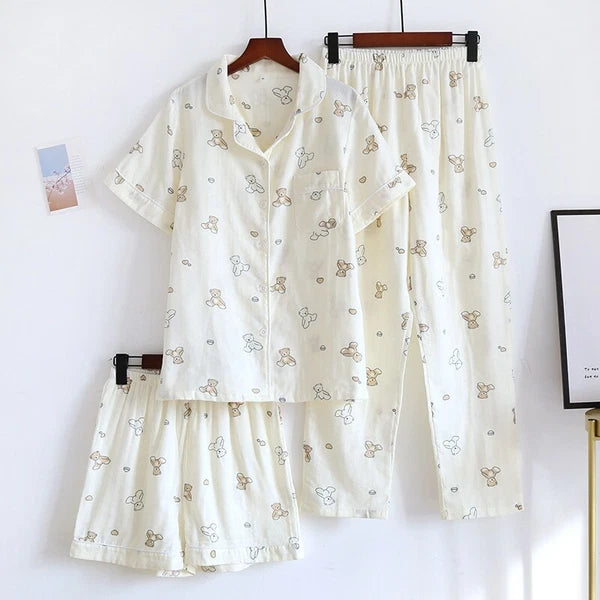 3PCS Women Pajamas Set 100% Gauze Cotton Printed Pyjamas Short Sleeve Sleepwear