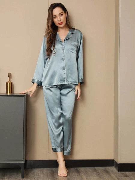Women's 19mm Pure Mulberry Silk Pajamas Set Silk Sleepwear Nightwear Home Wear