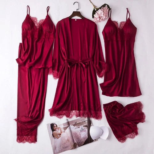 5PCS Lace Satin Robe Gown Set Sexy Women Nightgown Sleep Suit Home Kimono Pajama