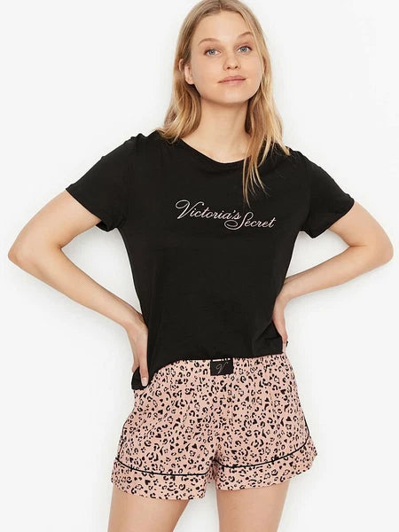 VICTORIA'S SECRET S,M, 2XLCotton Short Logo Tee-Pajama Black Dots or Leopard NWT