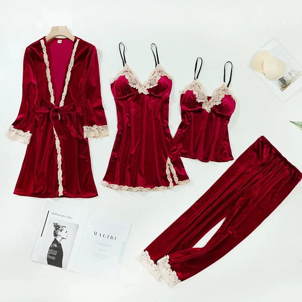 Velour Home Clothing 4pcs Sleep Set Intimate Lingerie Women Pajamas Long Sleeve
