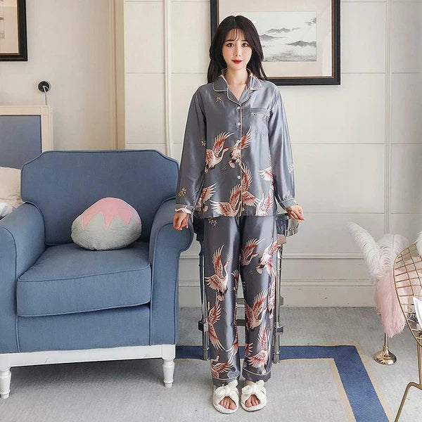 Women's Long Sleeve Silk Pajama Set Button-Down Sleepwear Print Loungewear Plus