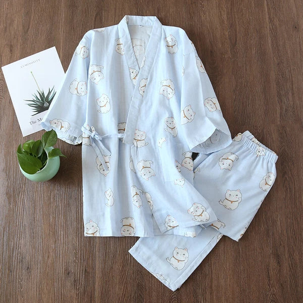 Japanese Harajuku 100% Gauze Cotton Kimono Pajamas Top+Pants Women Nightgown Set
