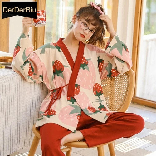WomenPyjamas Set Strawberry Sleepwear Cotton Yarn Kimono PajamasV-Neck Plus Size