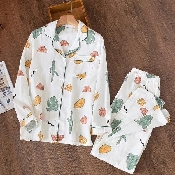 Women Pajamas Set 100% Cotton Printed Sleepwear Casual Nightwear Gauze Home Wear