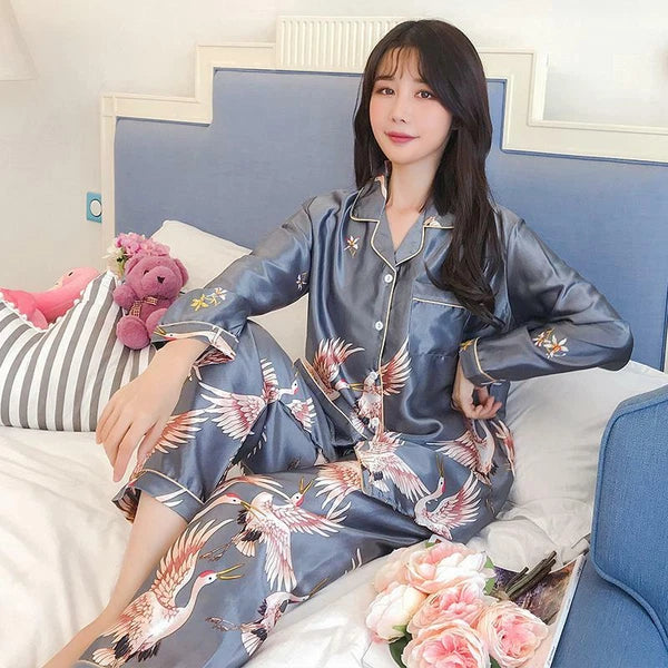 Women's Long Sleeve Silk Pajama Set Button-Down Sleepwear Print Loungewear Plus