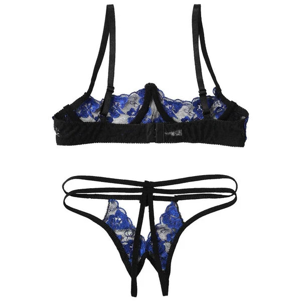 Women's Floral Lace Lingerie Bra Set Crotchless Thong G-string Cupless Bralette