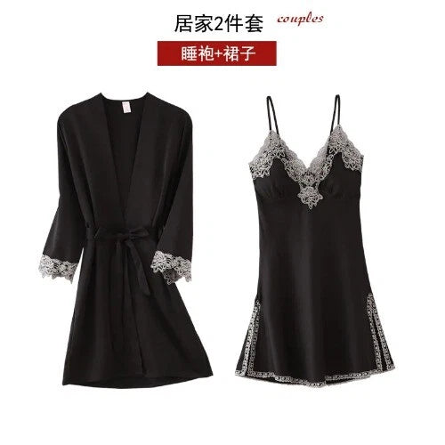 5PC Robe Sleep Suit Lace Satin Pajamas Gown Set V-Neck Wear Home Nightwear