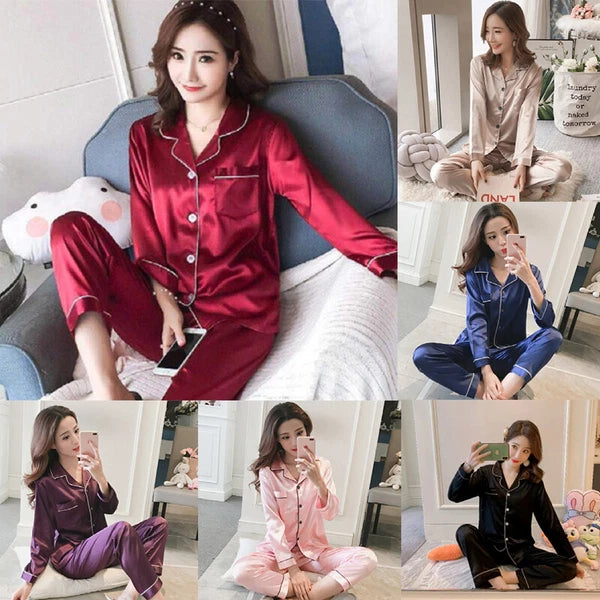 Women's Silk Satin Pajamas Set Long Sleeve Button-Down Sleepwear Loungewear
