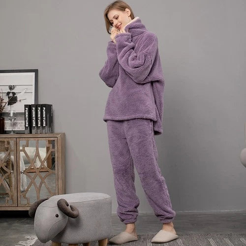 Winter Warm Velvet Purple Pajama Set  Flannel Home Sleepwear Plush Nightwear