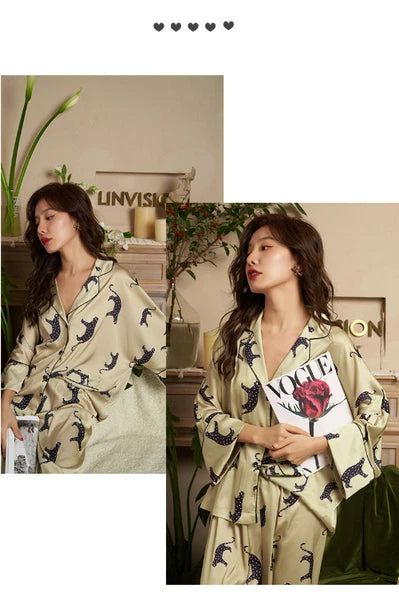 Cardigan Women's Pajamas Set Luxury Leopard Print SleepwearSilk Like Nightwear