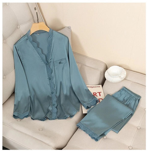 Pajamas Set Satin Women 2 Piece Sleepwear Silky Pyjamas Nightwear Shirt&Pants