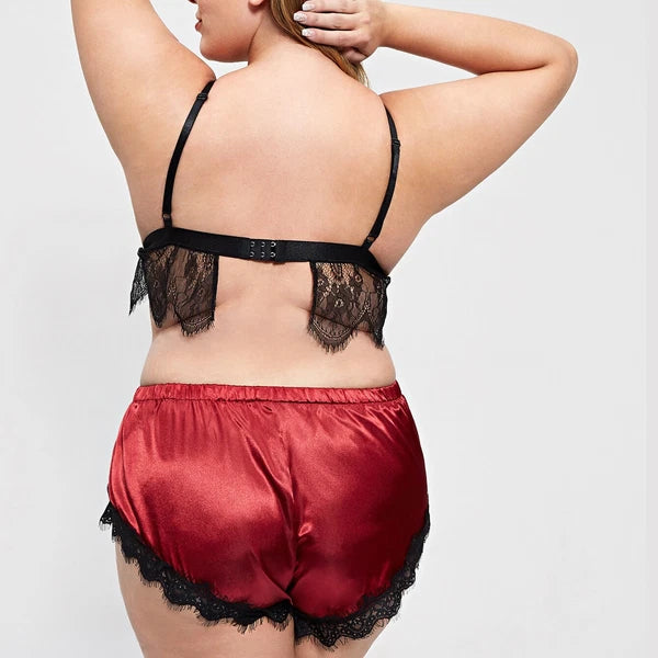 Plus Size Womens Satin Nightwear Lace Trim Bra Top Sissy Shorts of Lingerie Set