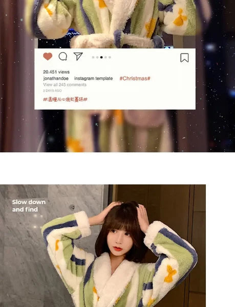 Coral Fleece Nightgown Women Flannel Plus Velvet Princess Sweet Bathrobe Pajamas