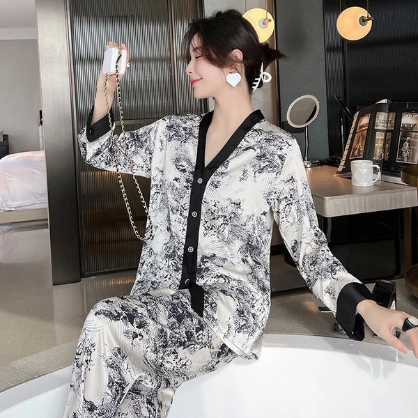 Women's Pajamas Set Luxury Print Silk Sleepwear V Neck Design Homewear Nightwear