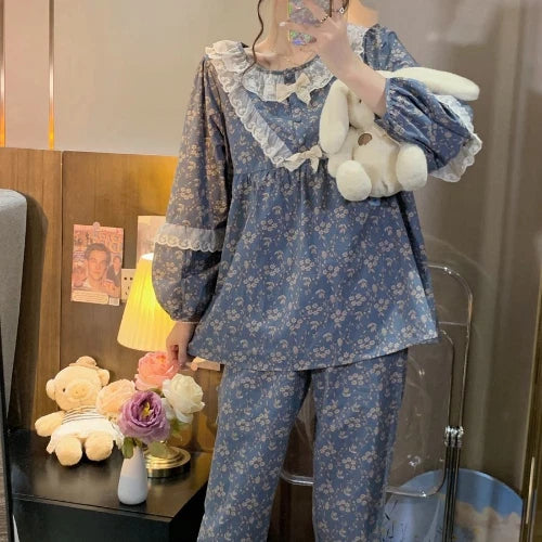Women Long Sleeve Pajama Sets Floral Lace Princess Ruffles Lounge O-neck Pyjamas