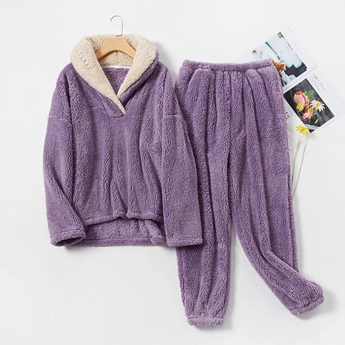 Winter Warm Velvet Purple Pajama Set  Flannel Home Sleepwear Plush Nightwear