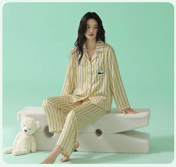 Women's Long Sleeve Pajamas Fashion Striped Homewear Comfortable Antibacterial Clothing-