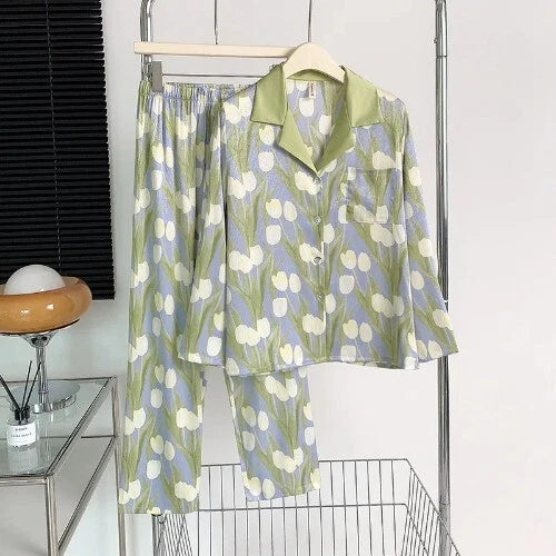 Sleepwear Two-Piece Set Elegant Print Plaid LongSleeve PijamasSuit Spring Summer